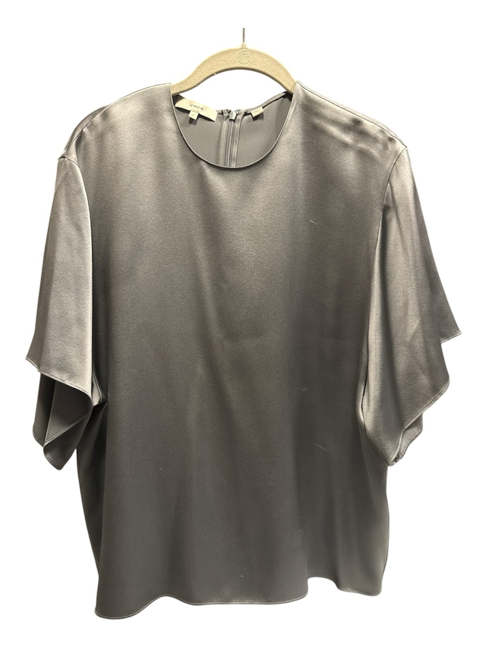 Vince Metallic Silver Silk Flutter Sleeve Blouse size L